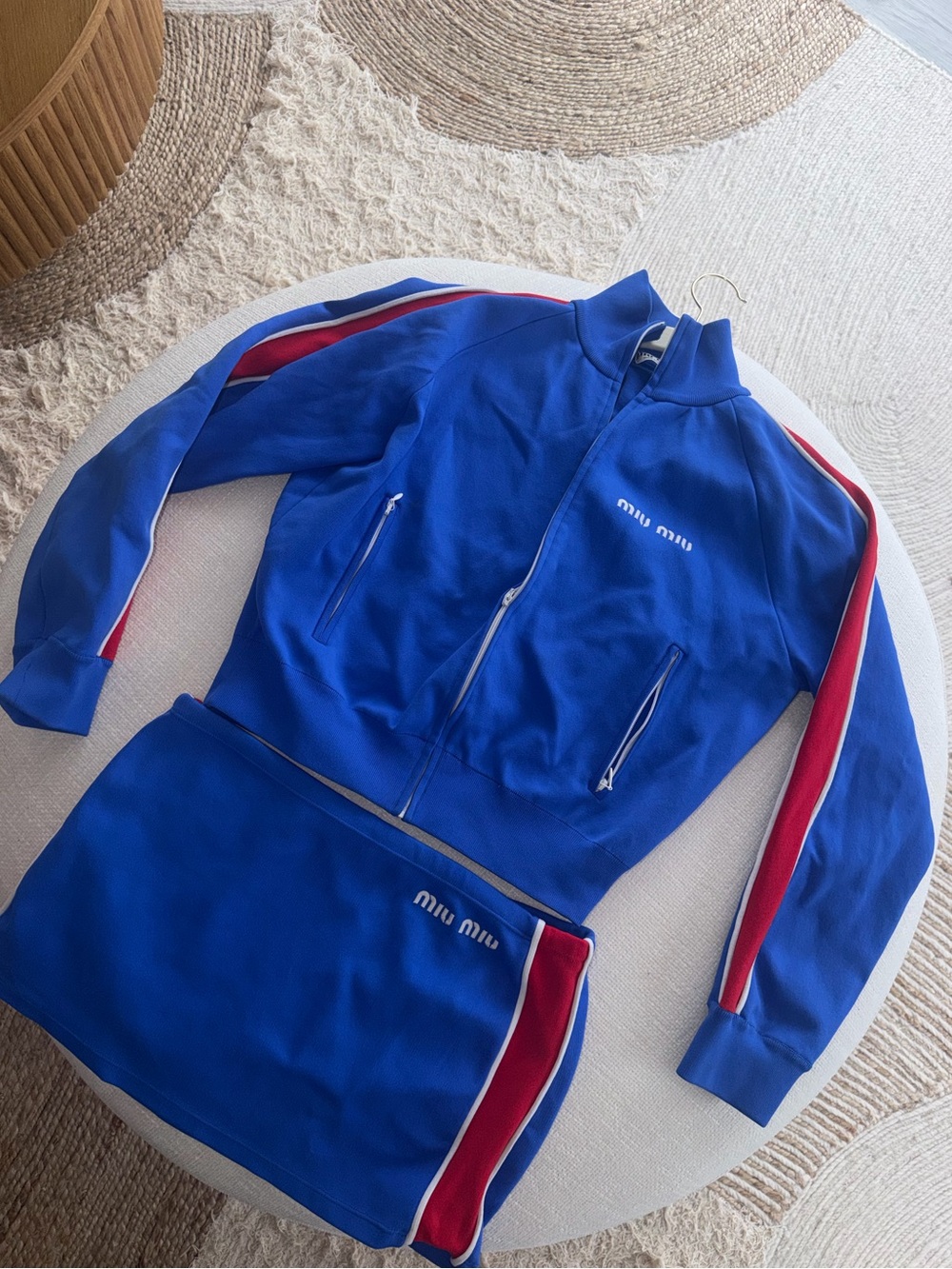 Miu Miu Royal Blue Track Jacket and Mini Skirt with Red & White Stripes - Picture 1 of 2